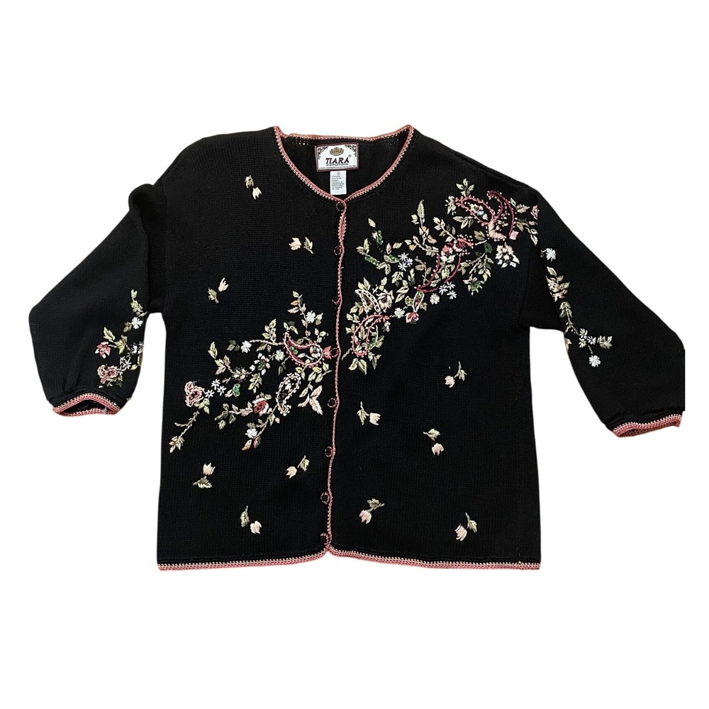 Vintage Tiara International Cardigan Black Embroidered Floral‎ Beaded Sweater M